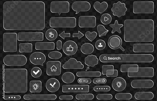 Premium collection of glass morphism user interface elements featuring transparent glossy frames. Frosted glass buttons speech bubbles for modern app design. Glass morphism ui elements set.