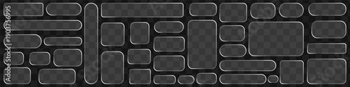 Collection of glass style buttons and rectangular frames with glossy edges. Transparent user interface elements designed for website layouts and mobile applications. Glass morphism ui elements set.