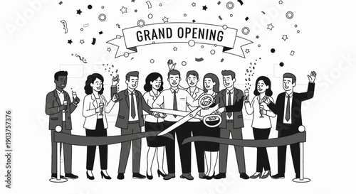 Illustration of Grand Opening Celebration with Ribbon Cutting Ceremony.