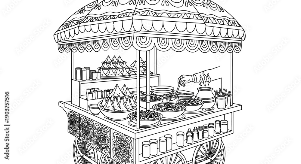 Fototapeta premium Line Illustration of Traditional Street Food Cart with Various Dishes.