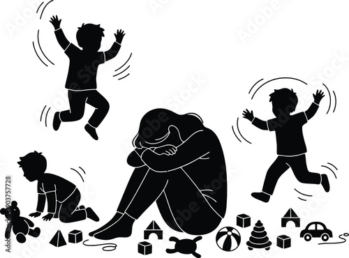 A tired mother sitting on the floor while children play around her.