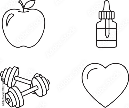 Four black and white line of an apple, dropper bottle, dumbbells, and heart shape