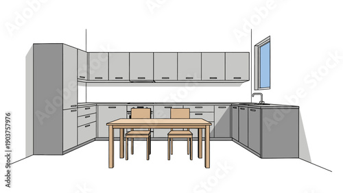 Modern Minimalist Kitchen Interior Design with Gray Kitchen Set.
