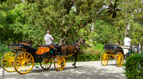 Traditional Horse Drawn Carriages in Maria Luisa Park Seville Spain with Iconic Yellow Wheels and Lush Greenery in Andalusia