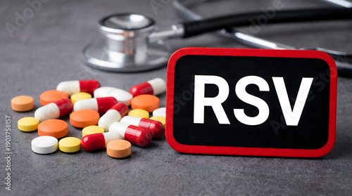 RSV abbreviation sign with assorted colorful medication pills capsules and a stethoscope on a dark grey background for medical health research