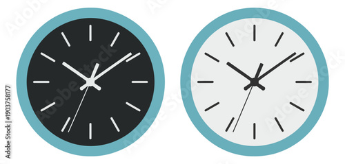 Modern wall clock icon design featuring dark and light round clocks, simple analog time display, vector illustration for home and office.