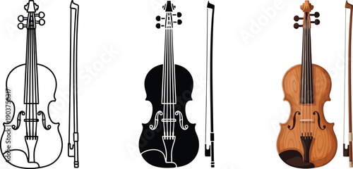 Collection of violin illustrations including outline silhouette and realistic styles with bows perfect for music education or design projects