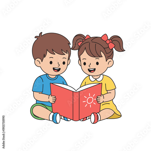 Happy kids reading book together, learning and imagination concept
