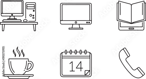 Set of six black and white representing computer workstation, monitor, book, coffee cup, calendar, and telephone