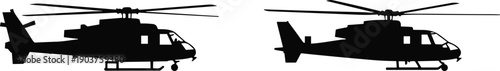 Set of 2 helicopter silhouette icons showing compact and elongated fuselage designs with main rotor, tail rotor, and landing gear