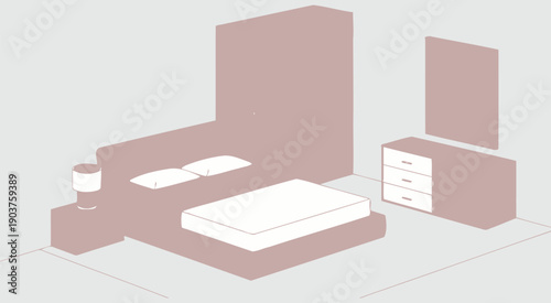 Modern bedroom interior illustration featuring bed, dressing table, almira, table lamp, cozy residential lifestyle, vector design.
