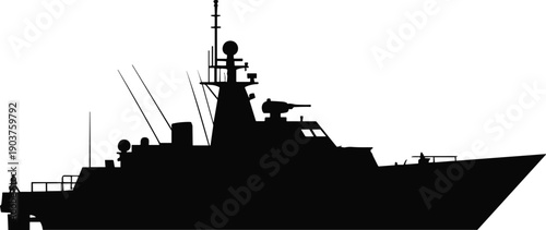Silhouette of modern naval warship icon with antennas, radar domes, mounted gun, angular stealth design, and figure on deck