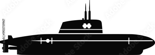 Silhouette of submarine icon with conning tower, periscopes, central schematic line, circle markers, and gear symbol for engineering theme