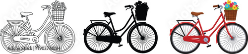 Collection of vintage bicycles with baskets featuring line art silhouette and color vector illustrations for lifestyle and travel themes