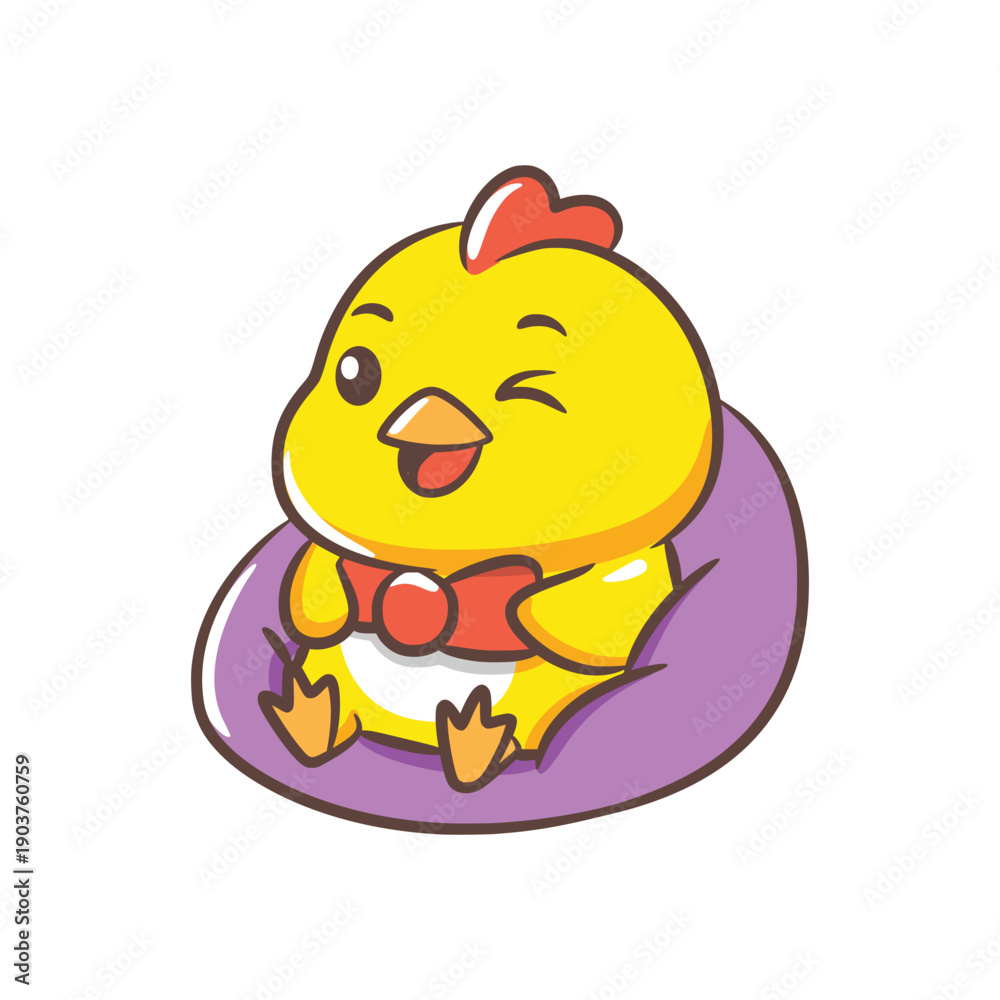 Obraz premium Fashionable Chick Character Wearing Red Bow Tie Sitting on Purple Cushion