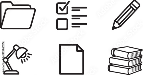 Six black and white representing study and organization tools folder