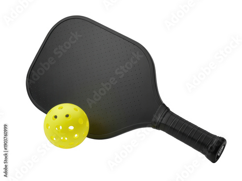 Black pickleball paddle with holes and yellow ball on black racket isolated on a transparent background