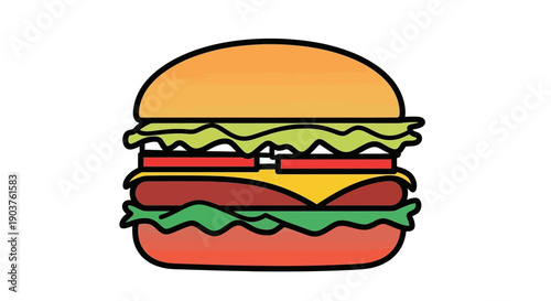 Minimalist cartoon hamburger illustration showing a tasty layered burger bun patty cheese lettuce