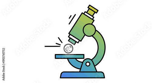 Vibrant green and blue microscope examining a specimen icon illustration of scientific discovery
