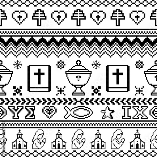 Black and White Christian Pixel Art Seamless Pattern with Religious Symbols