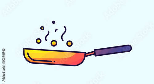 Vibrant gradient frying pan illustration with steam and bubbling liquid on a light blue background