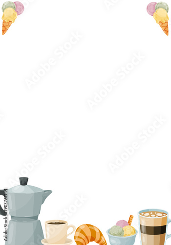 Sweet Italian breakfast vector frames with coffee, croissant and gelato
