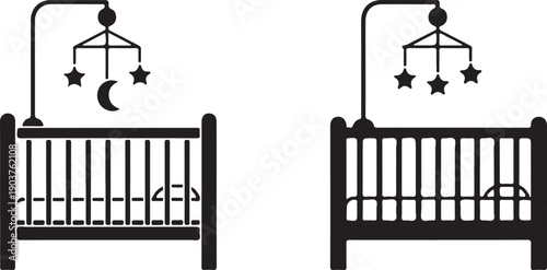 Two black and white baby cribs with hanging mobiles and sleeping infants