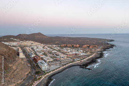 Aerial view of Palm-Mar coastal town after sunset, Tenerife