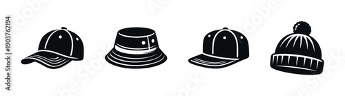 Set of different hats in black and white, flat vector illustration