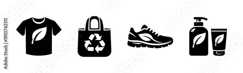 Eco-friendly products icons set with leaf motif, flat vector illustration