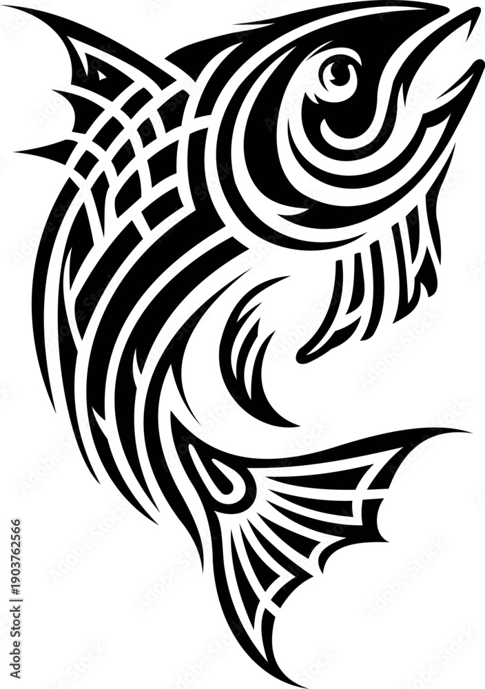 Obraz premium Abstract Tribal Fish Logo Black and White Fishing Vector