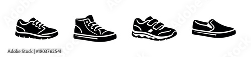 Set of four shoe silhouettes in black and white, flat vector illustration