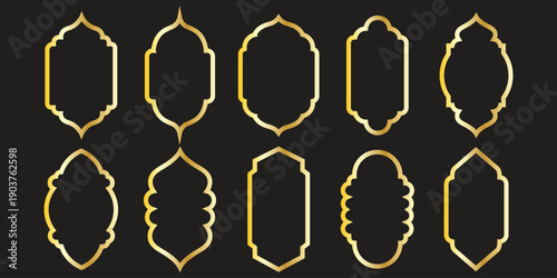 Golden islamic arches and window frames . Arabic golden frames. Luxury islamic geometric windows and doors, oriental mosque architecture.