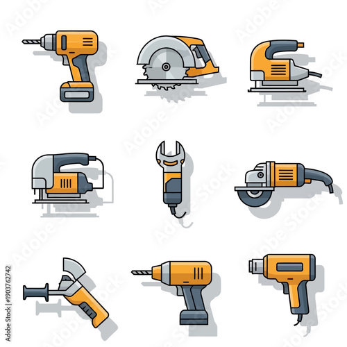 Collection of Power Tools Icons: Drill, Saw, Sander, Grinder, Wrench, Heat Gun