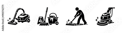 Cleaning equipment and worker icons in flat vector illustration