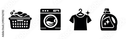 Laundry symbols with washing basket and detergent icons, flat vector illustration