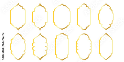 Islamic golden frames collection. Traditional Arabic door and window frames. Oriental mosque arch in luxury style. Set of outline Arabic golden frames and windows with Islamic geometric pattern