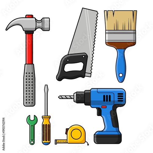 Collection of cartoon building and DIY tools: hammer, saw, drill, brush, wrench, screwdriver, tape measure