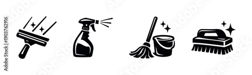 Cleaning tools set with mop, spray bottle, and brush, flat vector illustration