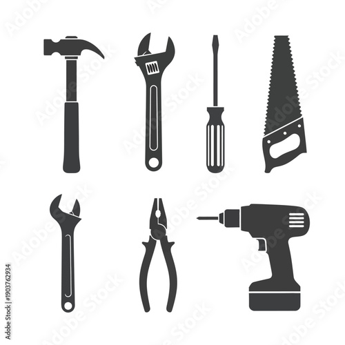 Set of iconic workshop tools, vector silhouettes: hammer, wrench, screwdriver, saw, pliers, drill