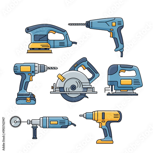 Collection of Power Tools for DIY and Construction - Isolated on White Background