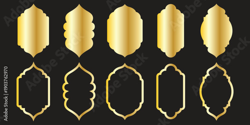 Islamic golden frames collection. Traditional Arabic door and window frames. Oriental mosque arch in luxury style. Set of outline Arabic golden frames and windows with Islamic geometric pattern