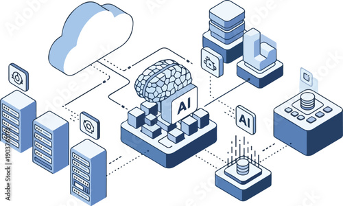 Isometric illustration of an system with interconnected servers, data storage, and devices in a blue-toned graphic design on a white background.