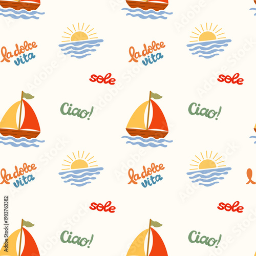 Italian summer seamless patterns set with Mediterranean lifestyle icons
