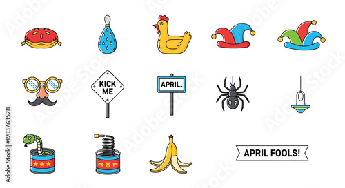 Collection of iconic symbols representing humorous pranks and playful jokes for April Fools Day celebrations and lighthearted fun