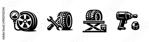 Car tire and tools icons set for auto repair services, flat vector illustration