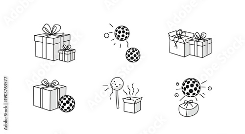 Collection of Wrapped Presents and Surprise Revealed Spheres with Polka Dots in a Simple Line Art Style for Festive Occasions