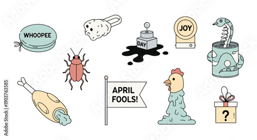 Collection of humorous prank items and silly gag toys for holidays and celebrations conveying fun and playful mischief