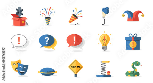 Collection of fun surprises and humor icons representing celebration entertainment and playful ideas for design projects and concepts