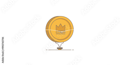 Golden Coin with Crown Symbol Ascending as Hot Air Balloon Against White Background symbolizing wealth and success in business finance and investment